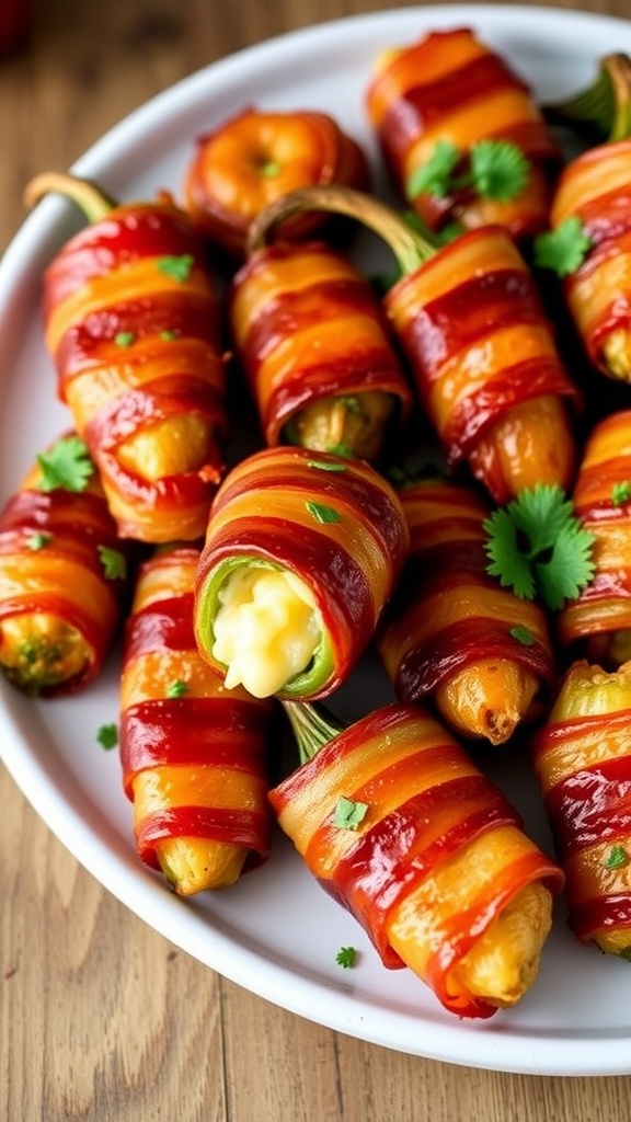 Bacon-wrapped jalapeño poppers on a rustic table, garnished with parsley.